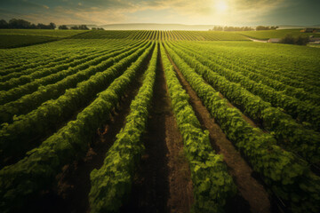 Green field with rows of vines for harvesting. Ripe grapes for the production of fine wines. - obrazy, fototapety, plakaty