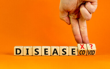 Disease X after covid symbol. Turned cubes and changed the word Disease COVID to Disease X. Beautiful orange table orange background. Doctor hand. Medical, Disease X after covid concept. Copy space.