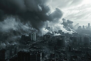 A captivating black and white photo capturing a cityscape engulfed in billowing smoke. This image...