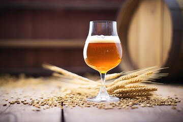 barleywine in a snifter, deep amber hue, near barley grains