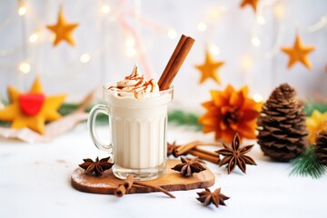 Obraz na płótnie Canvas festive coffee shake with cinnamon sticks and star anise