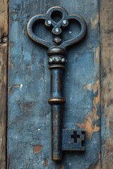 An old designer key with a lock decoration lies on a wooden background