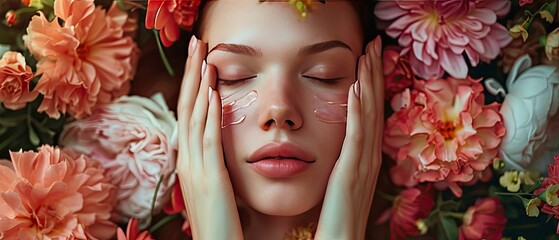 A woman in a floral setting, surrounded by blooms, touching her face gently, symbolizing natural skincare