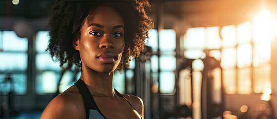 A woman in a fitness setting, her skin glowing with health and vitality, conveying wellness and beauty - obrazy, fototapety, plakaty