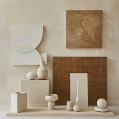 Artwork of wall and various objects. Minimalist style. Perfect for wall art, interior design, hotel, residence, retail, restaurant. 