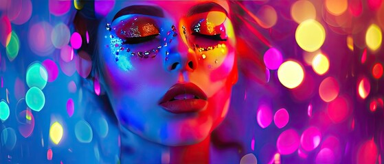 A woman with striking, colorful festival makeup, against a background of vibrant lights and energy
