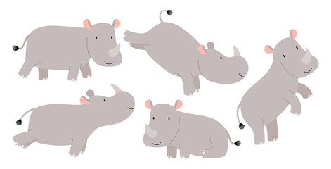 Cute rhino drawing  cartoon character flat vector illustrations set.