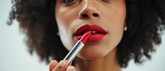 Obraz premium Close-up of a woman applying a vibrant shade of lipstick, her expression playful and daring