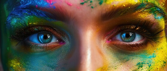 Close-up of a woman's eyes with artistic makeup, focusing on her gaze with a vibrant color palette 