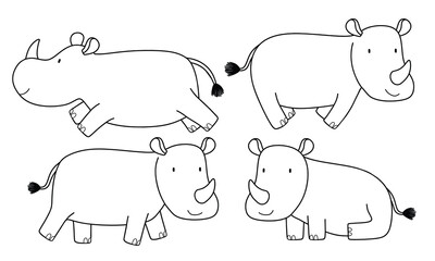 Doodle set of cute rhino line sketch. Outline vector illustration.