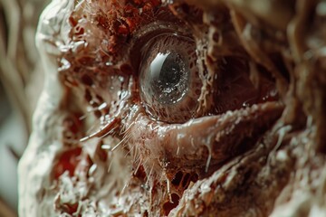 A detailed close-up of a fish's eye with blood on it. This image can be used to depict the brutality of nature or the aftermath of a predator's attack.