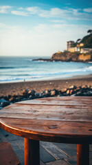 Wooden table ocean bokeh background, empty wood desk surface product display mockup with blurry sea water sunny beach abstract summer travel backdrop advertising presentation. Mock up, copy space.