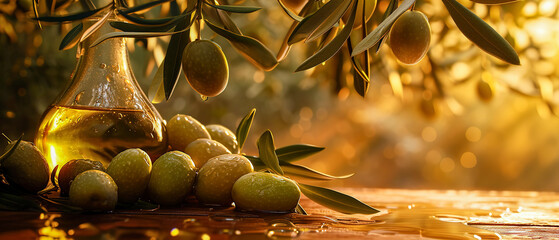 Closeup of fresh natural green olives with soft light at sunrise in cozy atmosphere
