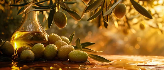 Fototapeten Closeup of fresh natural green olives with soft light at sunrise in cozy atmosphere © IonelV