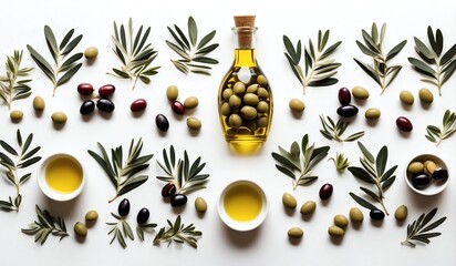 Olive oil with olives on the white background - obrazy, fototapety, plakaty