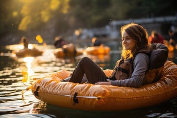 A carefree woman finds solace and adventure as she leisurely floats on an orange inflatable raft down a tranquil river, surrounded by nature's beauty - obrazy, fototapety, plakaty