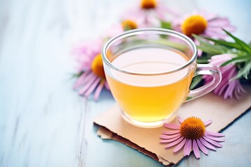 closeup of a teacup with echinacea infusion, whole echinacea beside - obrazy, fototapety, plakaty