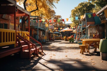 A vibrant city street lined with a row of colorful houses, surrounded by autumn trees and outdoor furniture, creating a lively public space filled with playful playgrounds, inviting benches, and cozy