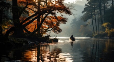 Fototapeta premium As the autumn mist descends upon the tranquil lake, a lone figure in a boat drifts amidst the reflection of colorful trees, embracing the peacefulness of nature's embrace