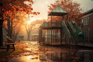Amidst the autumn fog, a solitary playground stands adorned with a tall slide and a shallow puddle, reflecting the sky and nearby tree, as a lone house sits in the background