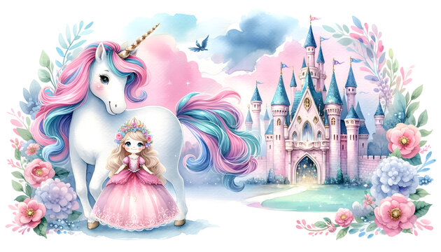Fototapeta Watercolor cute unicorn on white background.