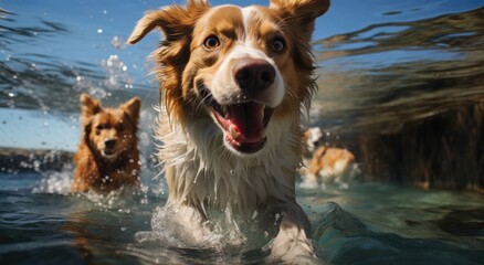 A playful pack of collies cool off and enjoy the great outdoors by swimming in the crystal clear water, showcasing their athletic abilities and love for adventure