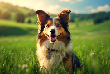 Illustration of a happy Collie dog in the field. AI-generated. - obrazy, fototapety, plakaty