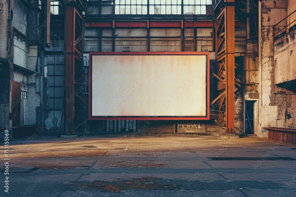 Poster an empty billboard located inside an industrial building. this versatile image can be used for vario