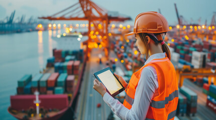 Shipping Coordinator Managing Logistics with Tablet at Port. Female engineer with digital tablet overseeing cargo containers at busy port. - obrazy, fototapety, plakaty