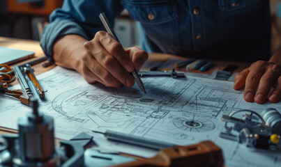 Mechanical Engineer Drafting Technical Drawings. Detailed hand-drawing of mechanical components on drafting paper. - obrazy, fototapety, plakaty