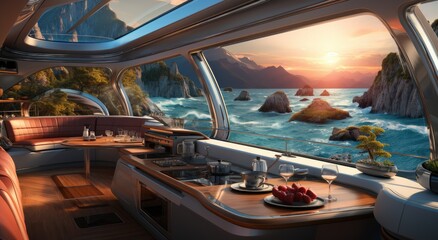 A ship-shaped kitchen with a breathtaking view of the ocean and mountains, surrounded by tranquil waters and adorned with indoor nautical decor