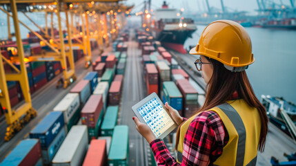 Shipping Coordinator Managing Logistics with Tablet at Port. Female engineer with digital tablet overseeing cargo containers at busy port.