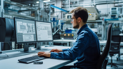 Industrial Engineer Working on CAD System. Professional engineer concentrating on CAD designs in industrial setting. - obrazy, fototapety, plakaty