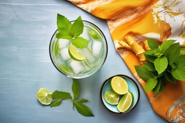 overhead view of a mojito beside a bowl of limes - obrazy, fototapety, plakaty