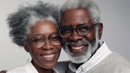 A senior couple with stylish grey hair shares a joyful studio portrait.