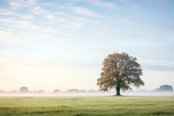 Fototapeta premium lone oak tree shrouded by early morning fog in meadow