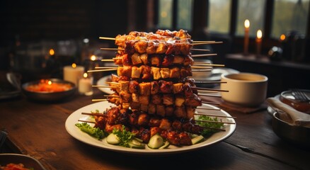 A mouth-watering array of global delicacies, from shish taouk to yakitori, sizzle on the table as the rich aroma of brochette and souvlaki fills the indoor space, tempting all taste buds and igniting - obrazy, fototapety, plakaty