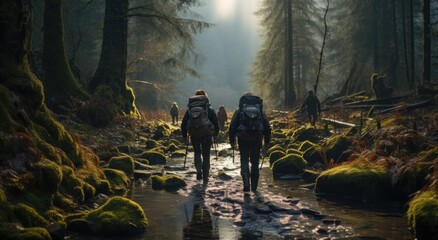 A winter hike through the foggy forest, crossing a river and surrounded by towering trees and lush plants, carrying backpacks on their backs