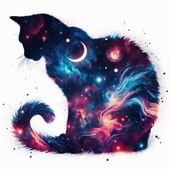Double exposure cat silhouette and night sky with stars on a white background