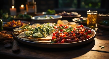 Obraz premium A vibrant culinary masterpiece awaits, with a colorful platter of fruits and vegetables set upon a wooden table, ready to be enjoyed in the cozy comfort of an indoor meal