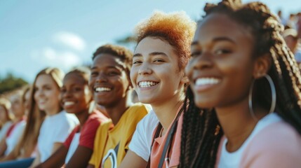 Multicultural friends share positive vibes while supporting during the Olympic games. - obrazy, fototapety, plakaty