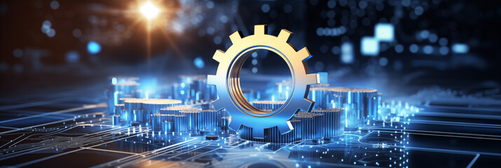 A golden gear symbol glowing on a futuristic blue circuit board, signifying technology and innovation