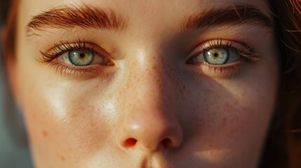 Fototapeta premium Close up of a woman with freckles on her face. Perfect for beauty and skincare advertisements