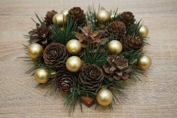 Christmas decoration winter wreath on the table