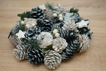 Christmas decoration winter wreath on the table