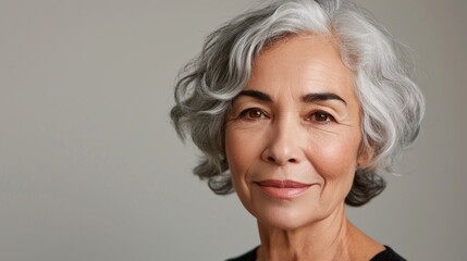 Fototapeta premium A studio portrait features a smiling elderly woman with charming wrinkles and fashionable grey hair.