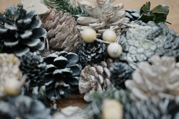 Christmas decoration winter wreath on the table