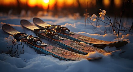 Amidst the serene winter landscape, a pair of skis rest in the snow as the sun rises and sets, symbolizing the endless possibilities of outdoor adventures on both land and water