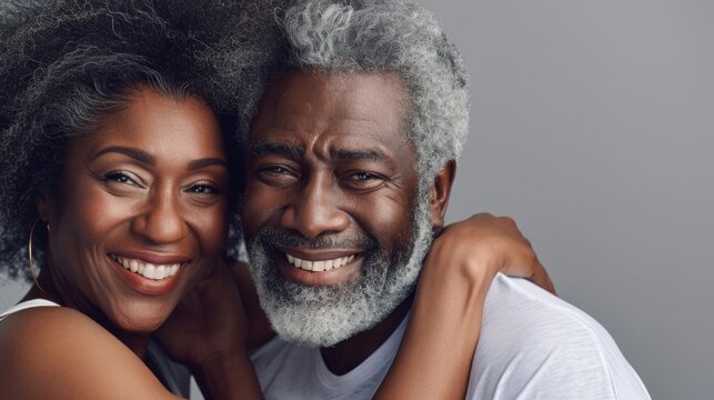 Graceful aging captured in a studio photo of a smiling senior couple.