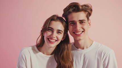 Stylishly posed and joyfully expressive young couple in a well-lit studio.